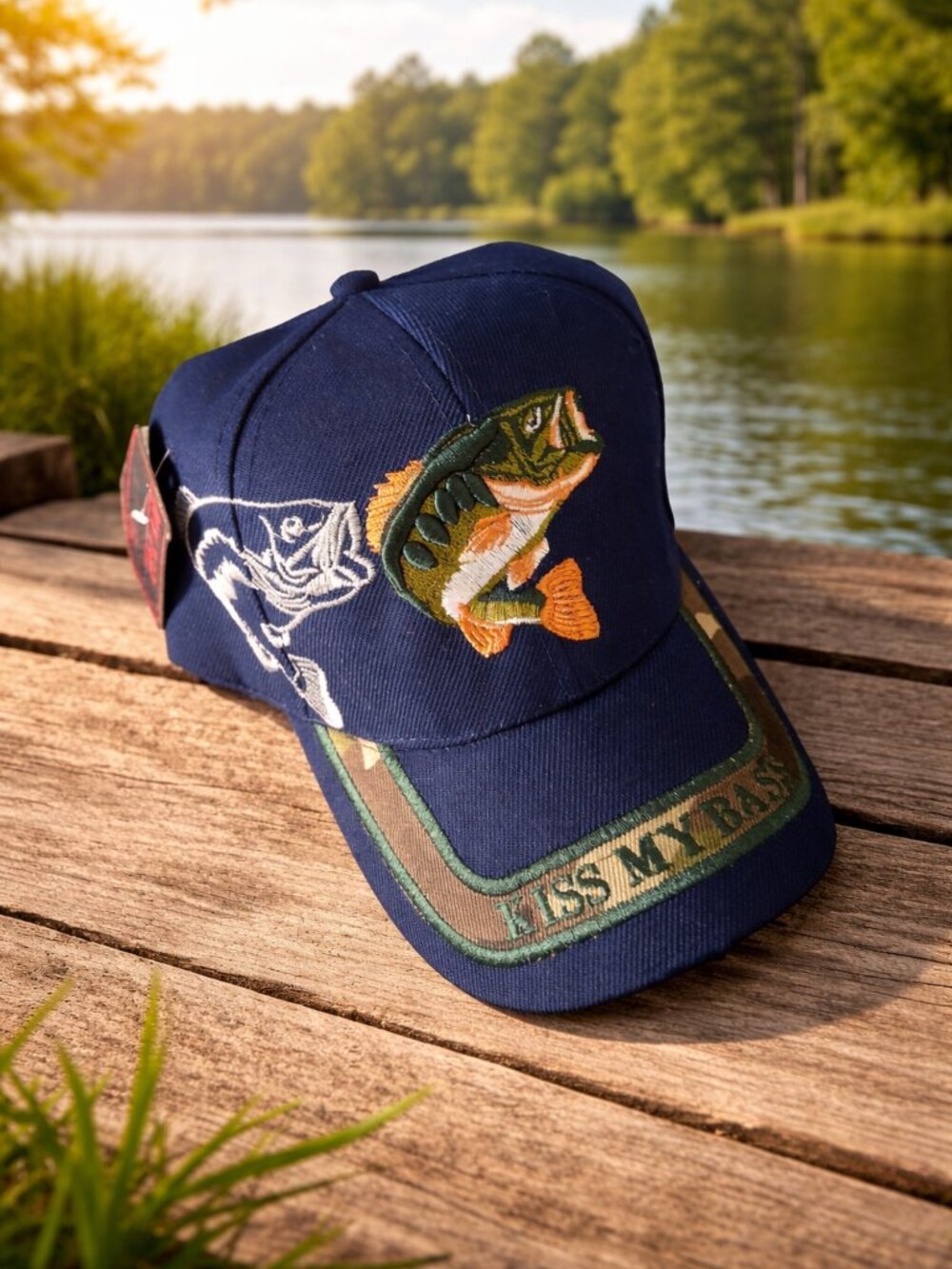 Bass Fishing Embroidered Kiss My Bass Strapback Hat Adult Adjustable Blue NWT